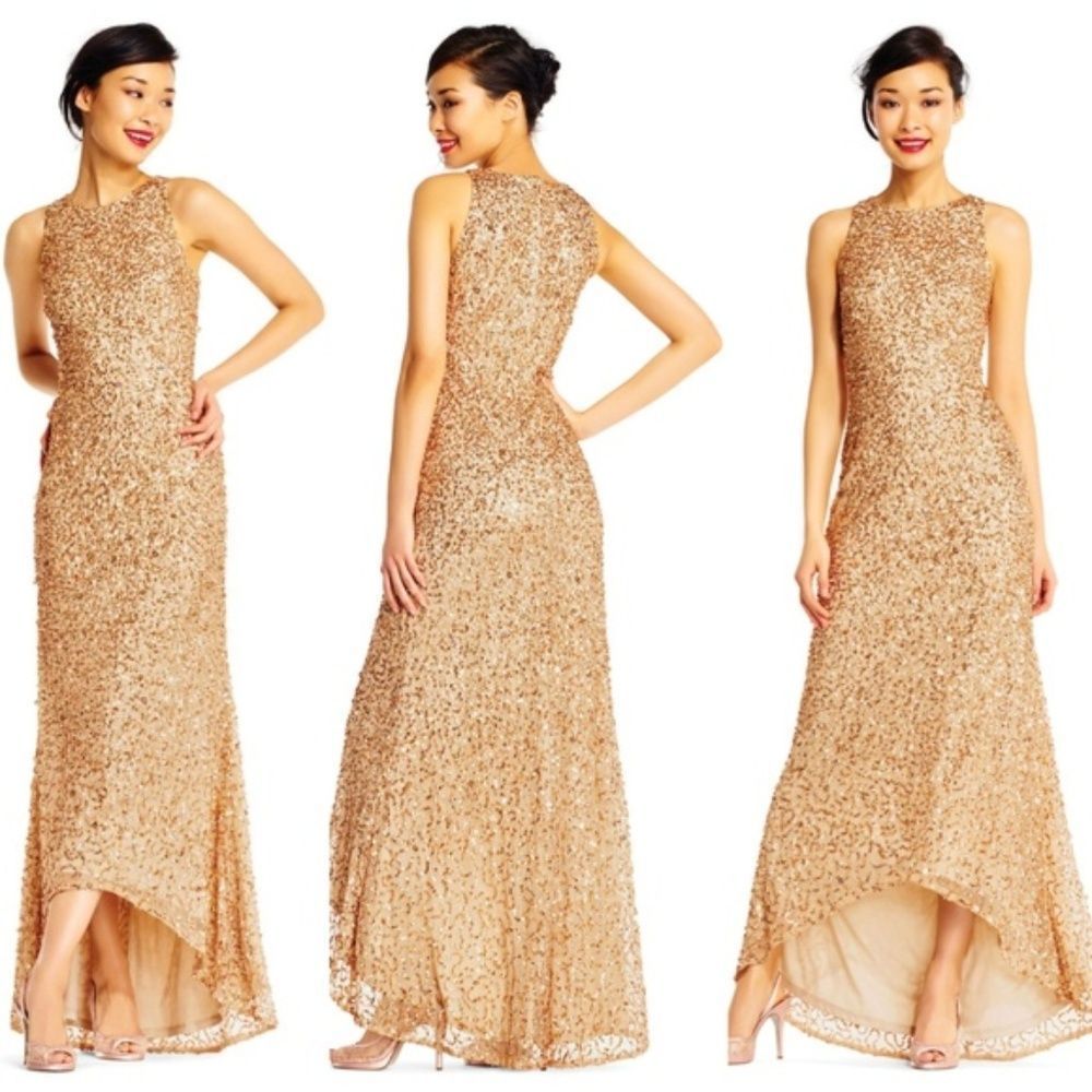 Adrianna Papell Halter Hig-Low Cruncy Bead Gown